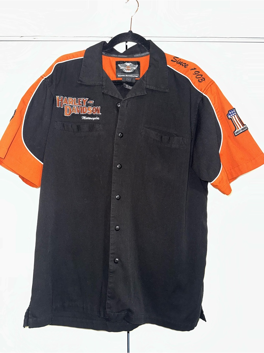 Harley-Davidson Men's Black & Orange Garage Short Sleeve Button-Up Shirt